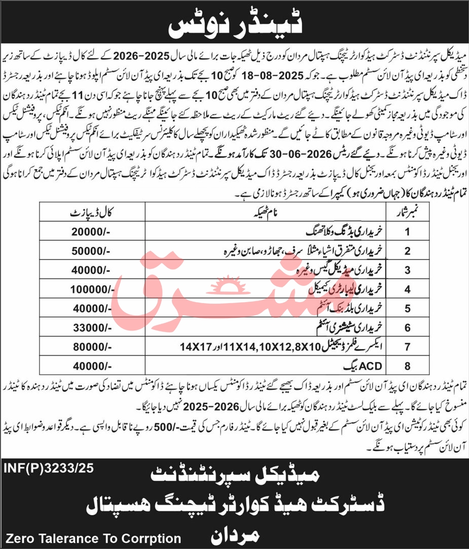 DHQ Teaching Hospital Mardan Tender Notice